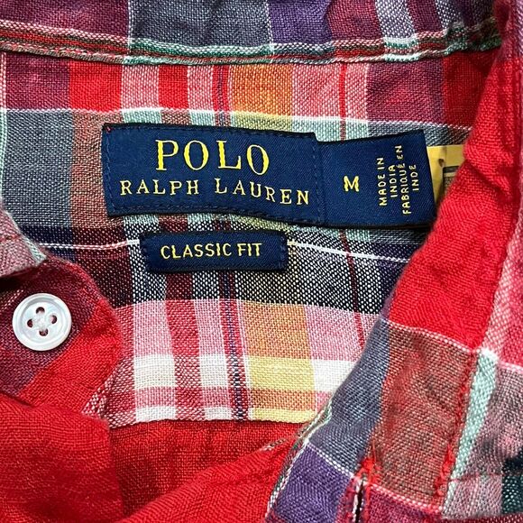 Polo Ralph Lauren Shirt Mens Medium Linen Button Up Plaid Colorful Classic Fit - Picture 2 of 6